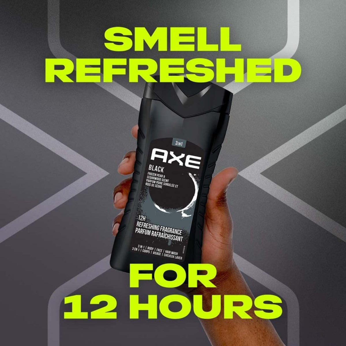 AXE bottle on shower shelf showing compact, space-saving benefit