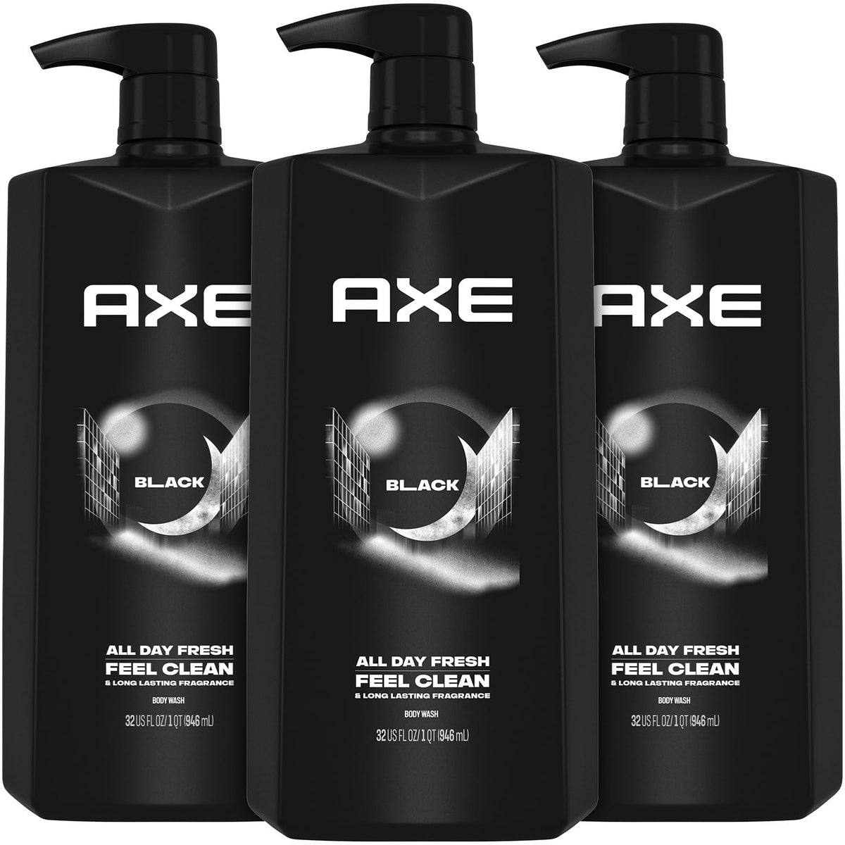 AXE Black front packaging showing three pump bottles and branding, convenient bulk supply