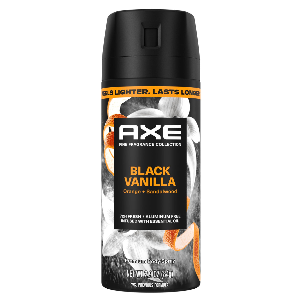 AXE Black Vanilla front can showing branding and size benefits