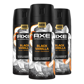 AXE Black Vanilla front packaging showing three aluminum-free body spray cans for confidence