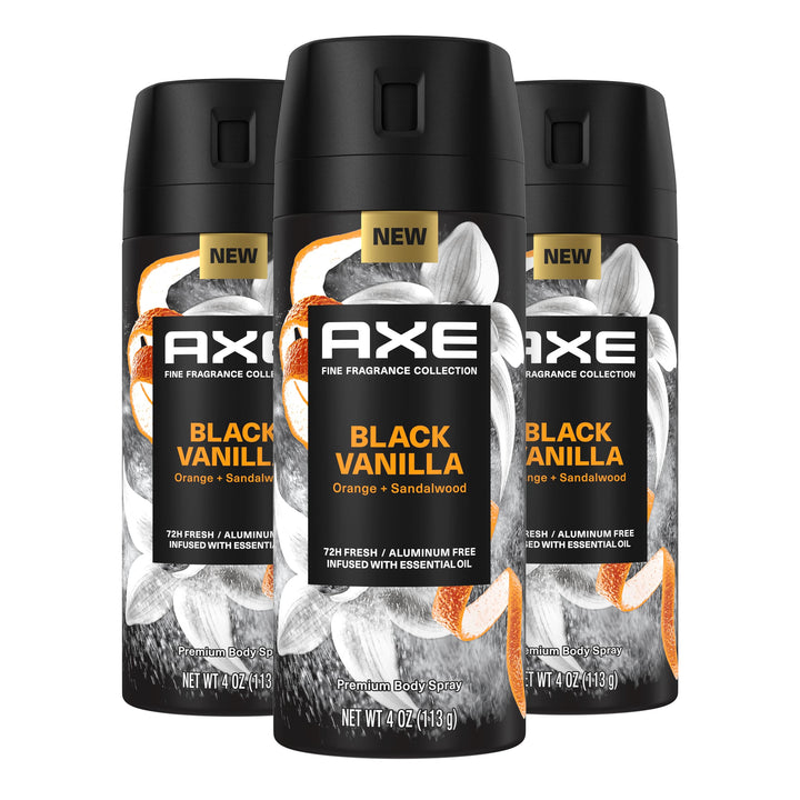 AXE Black Vanilla front packaging showing three aluminum-free body spray cans for confidence
