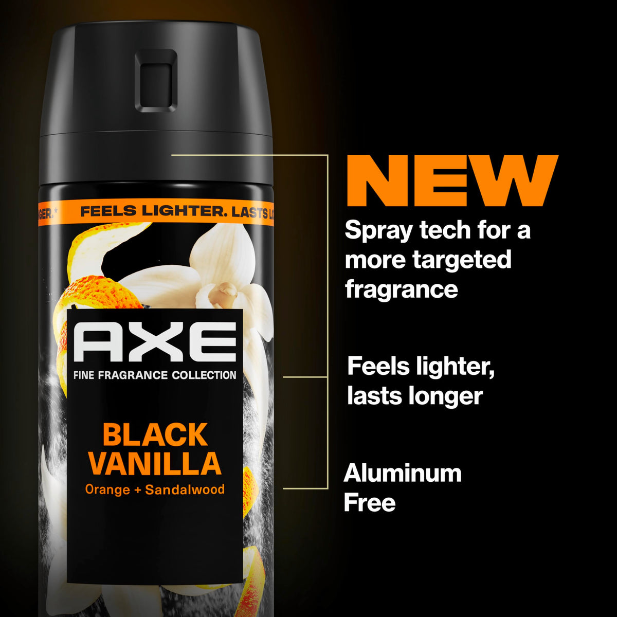 AXE Black Vanilla next to a wallet showing compact 2.9 oz travel benefit