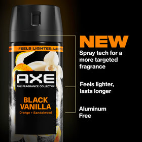 AXE Black Vanilla next to a wallet showing compact 2.9 oz travel benefit