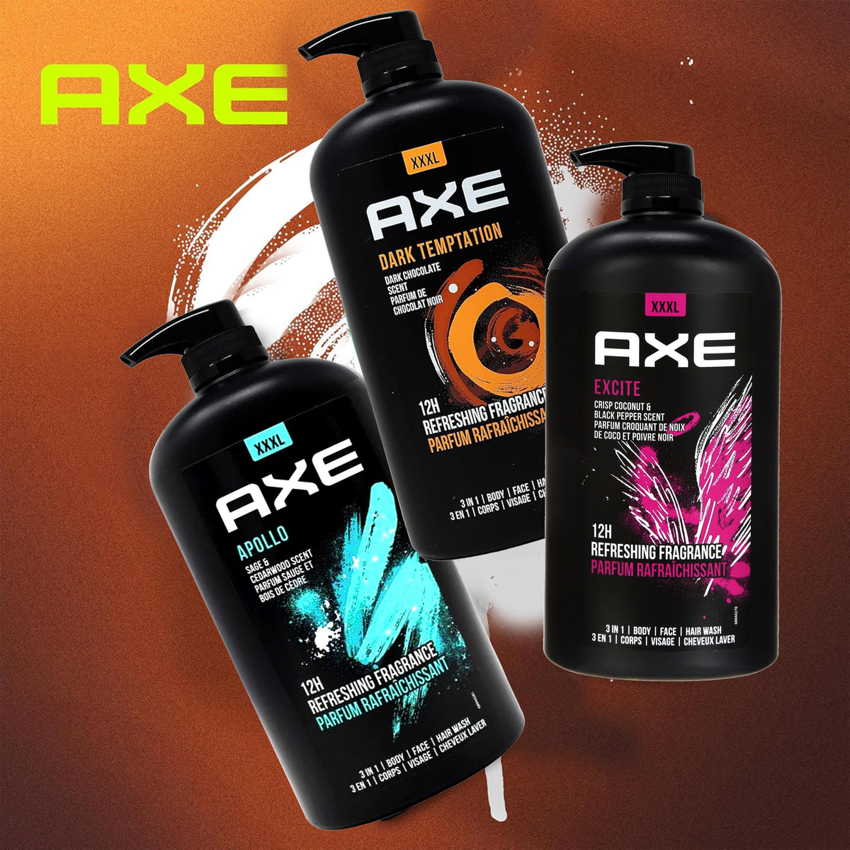 AXE bottle on shower shelf lifestyle shot demonstrating convenience and one-handed use benefit