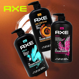 AXE bottle on shower shelf lifestyle shot demonstrating convenience and one-handed use benefit