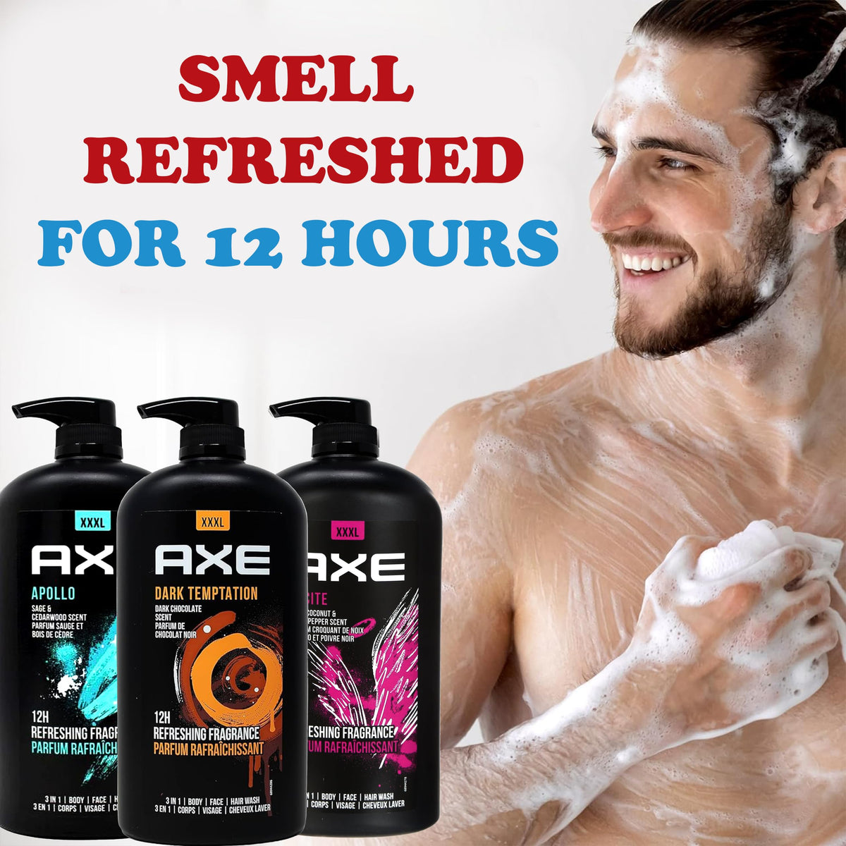 AXE bottles side-by-side with a ruler showing 32 oz size and long-lasting supply benefit