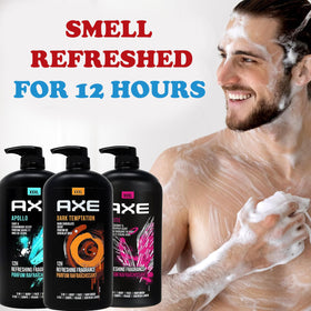 AXE bottles side-by-side with a ruler showing 32 oz size and long-lasting supply benefit