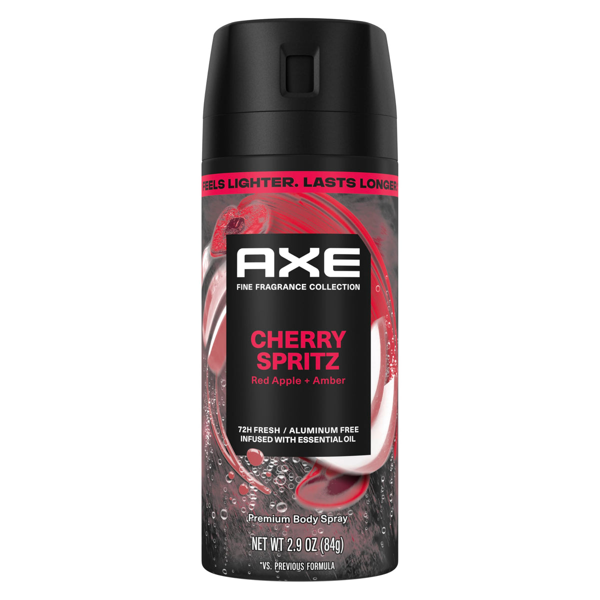 AXE Cherry Spritz front can showing branding and volume benefit long-lasting scent