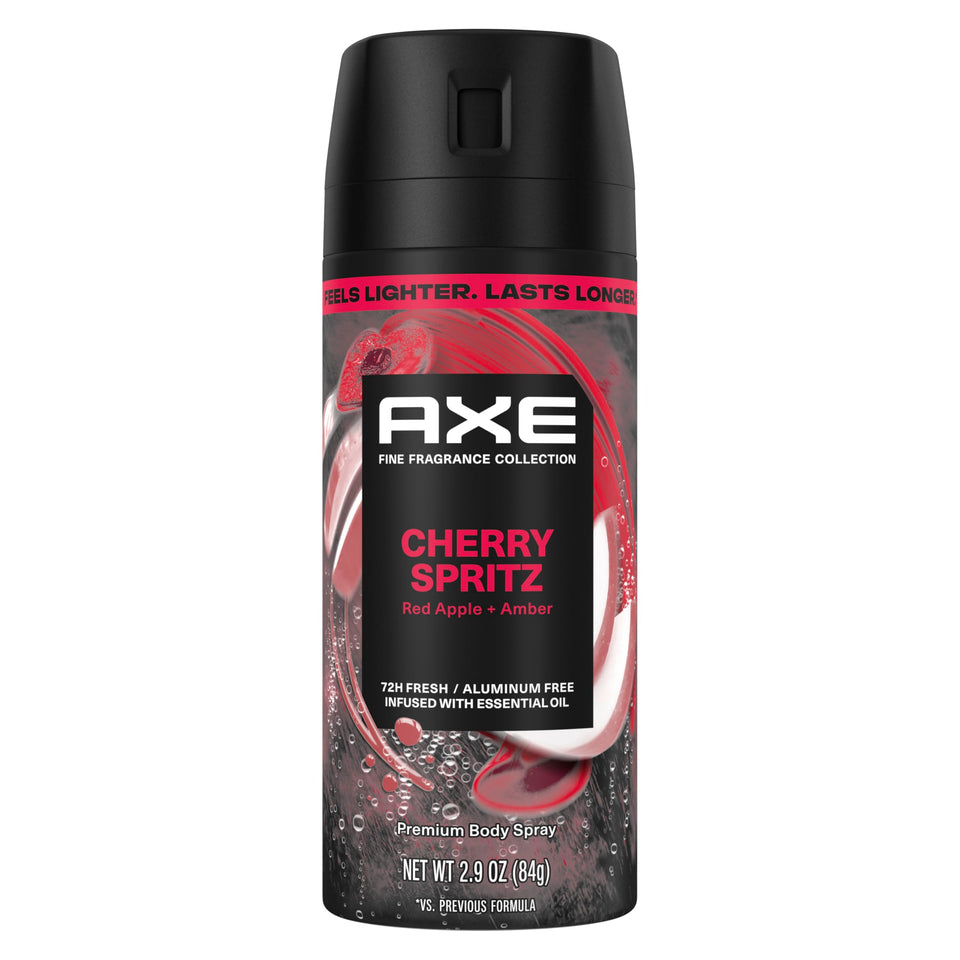 AXE Cherry Spritz front can showing branding and volume benefit long-lasting scent