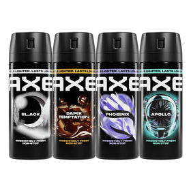 AXE front pack showing four cans and easy scent rotation benefit