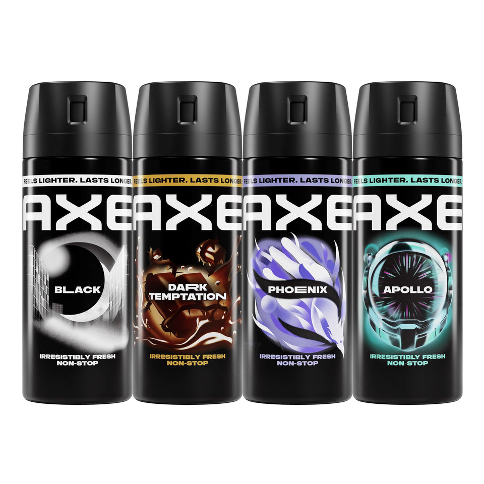 AXE front pack showing four cans and easy scent rotation benefit