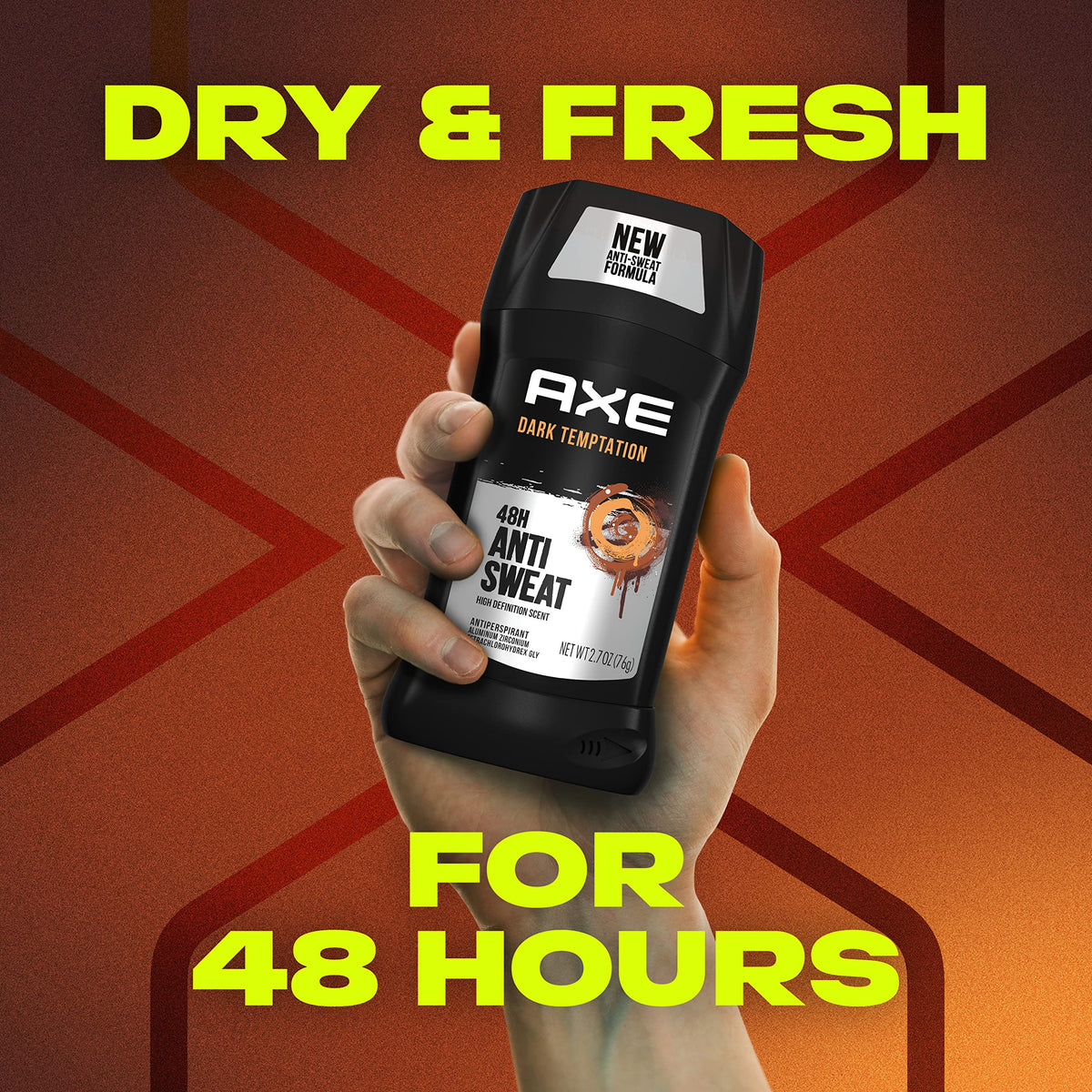 AXE Dark Temptation being applied underarm demonstrating long-lasting sweat control benefit