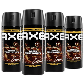 AXE Dark Temptation front pack showing four cans and bold label benefit
