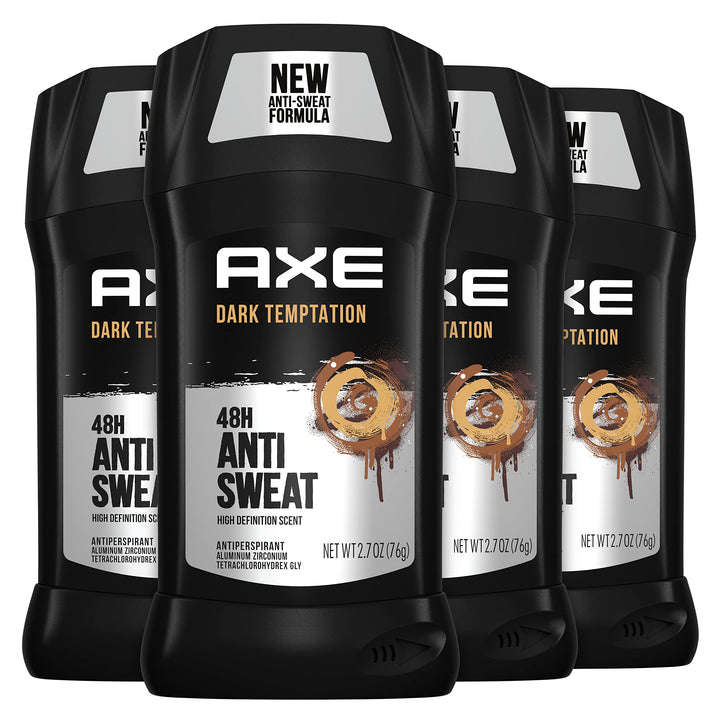 AXE Dark Temptation front packaging showing four-stick value pack and branding benefit