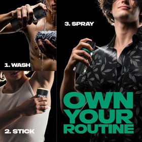 AXE Emerald Sage placed on bathroom vanity suggesting daily grooming routine convenience