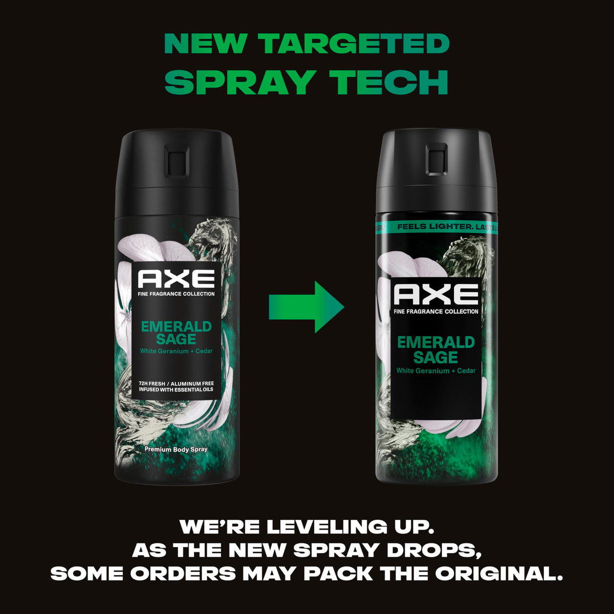 AXE Emerald Sage label detail emphasizing fragrance notes and aluminum-free benefit