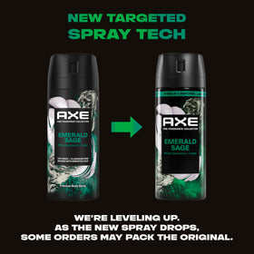 AXE Emerald Sage label detail emphasizing fragrance notes and aluminum-free benefit
