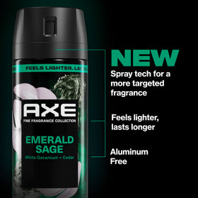 AXE Emerald Sage fine mist texture in air showcasing long-lasting aromatic coverage