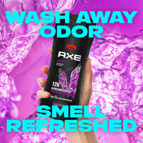AXE body wash in shower being applied to skin showing refreshing use and scent benefit