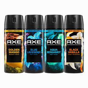 AXE four-pack front view showing all four cans and variety benefit