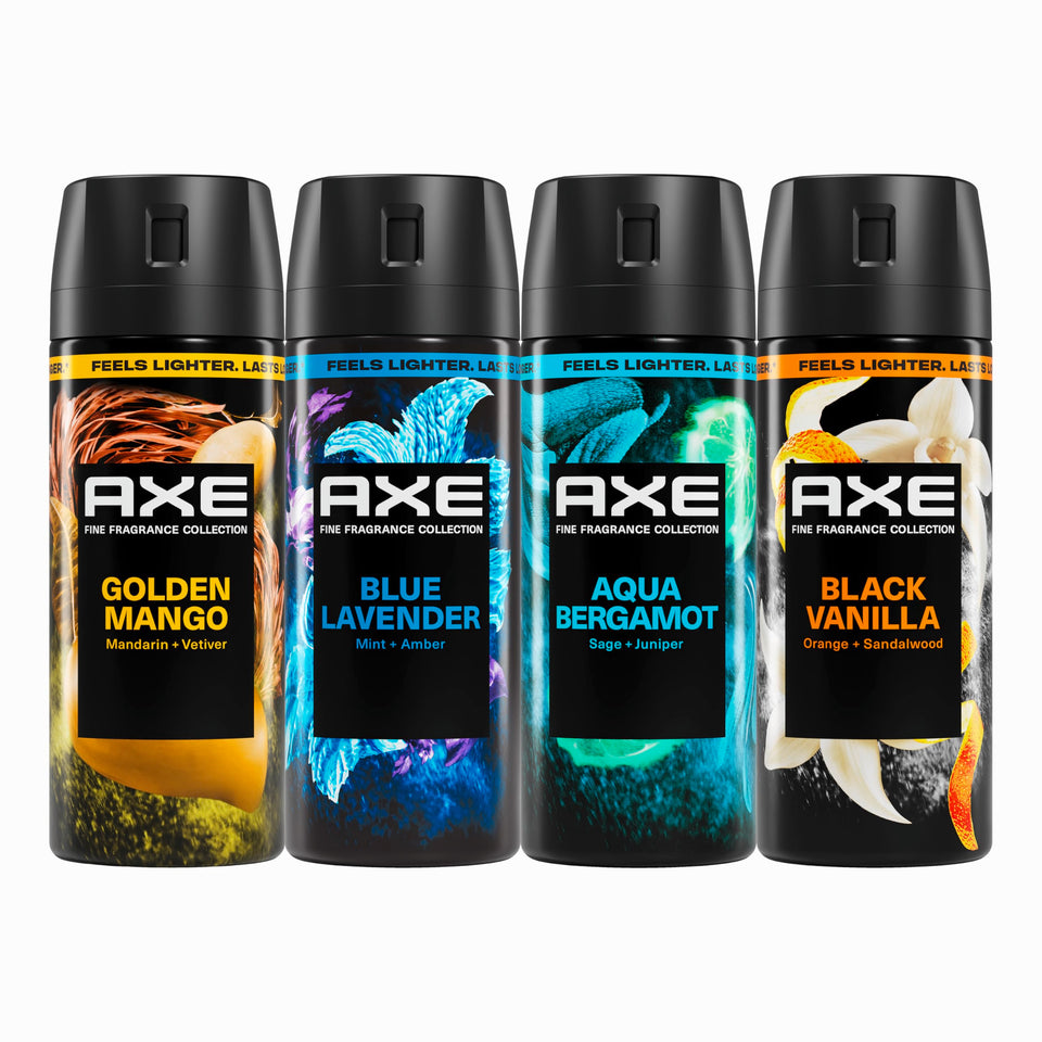 AXE four-pack front view showing all four cans and variety benefit