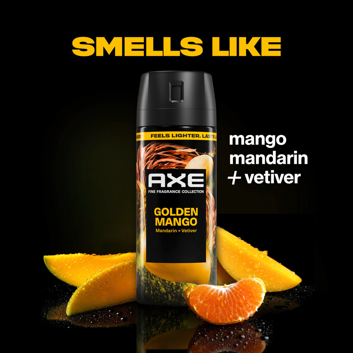 AXE Golden Mango next to smartphone illustrating 2.9 oz travel-friendly size