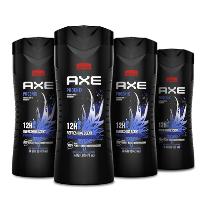 AXE Phoenix front packaging showing bottle and scent for energizing showers
