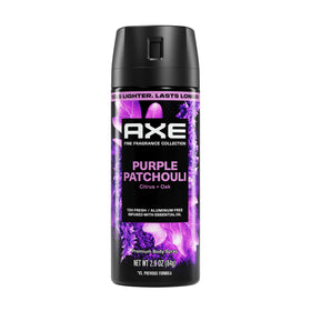 AXE front can showing Purple Patchouli branding and sleek design for confident scent