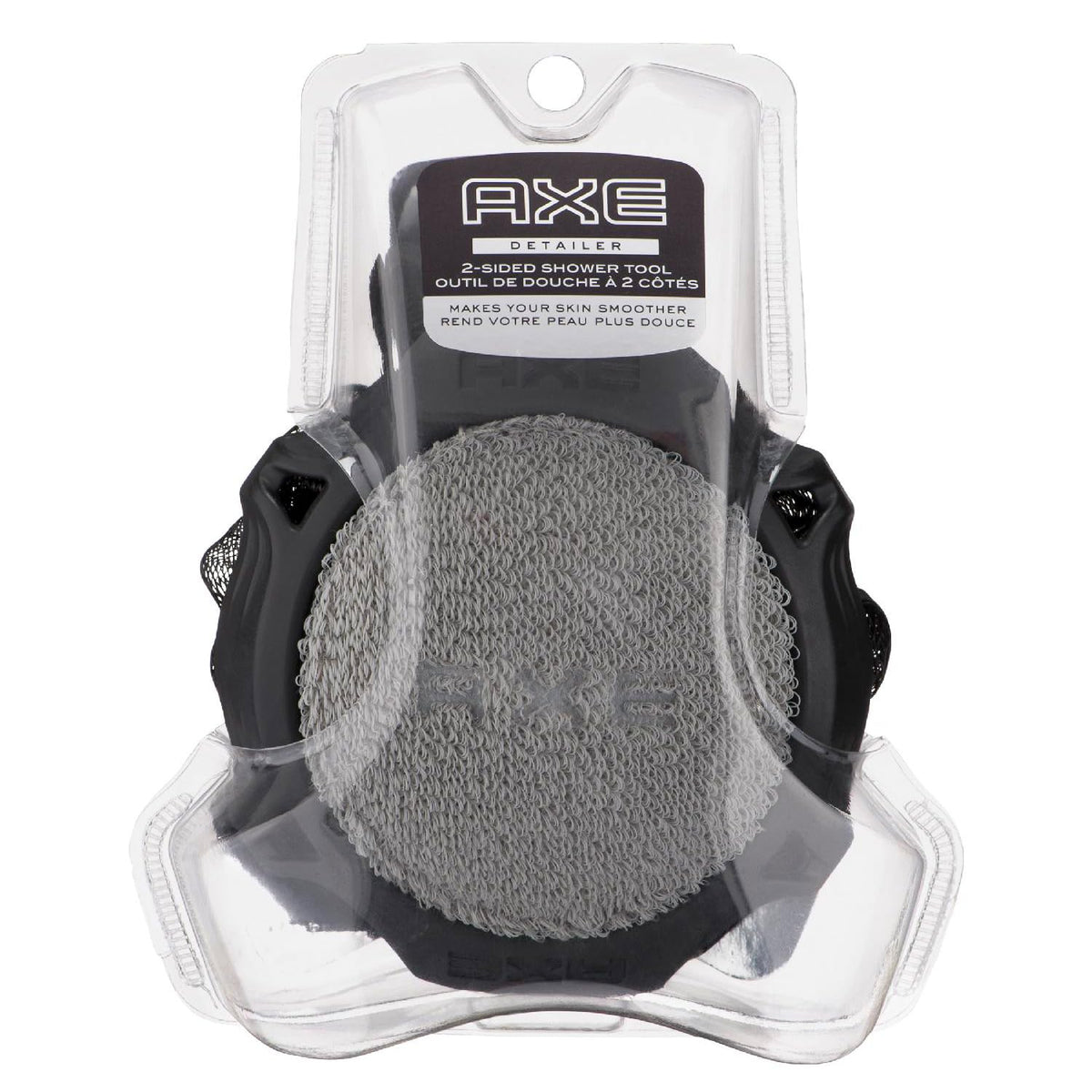 AXE shower scrubber front view showing dual-sided design and gray color for efficient cleansing