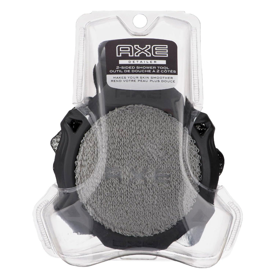 AXE shower scrubber front view showing dual-sided design and gray color for efficient cleansing