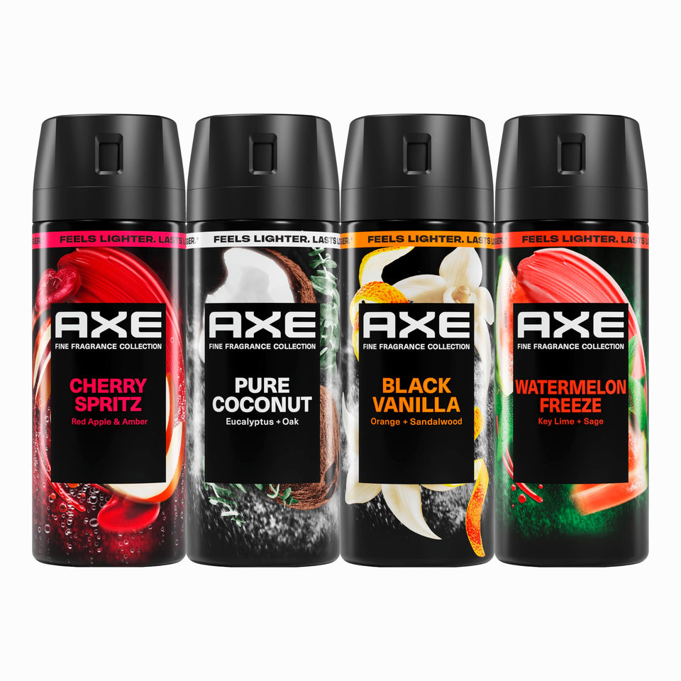 AXE Touch of Sweetness front pack showing four cans, easy selection and portability