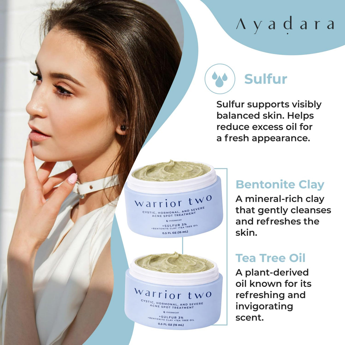 AYADARA ingredients lineup with sulfur and clay emphasizing clarifying benefit