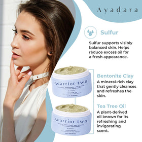 AYADARA ingredients lineup with sulfur and clay emphasizing clarifying benefit