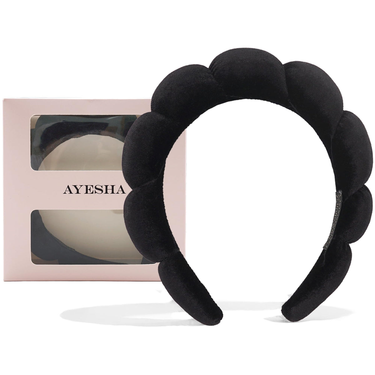 Ayesha black headband front view showing plush shape and neat finish for comfortable wear