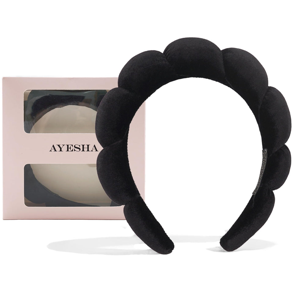 Ayesha black headband front view showing plush shape and neat finish for comfortable wear