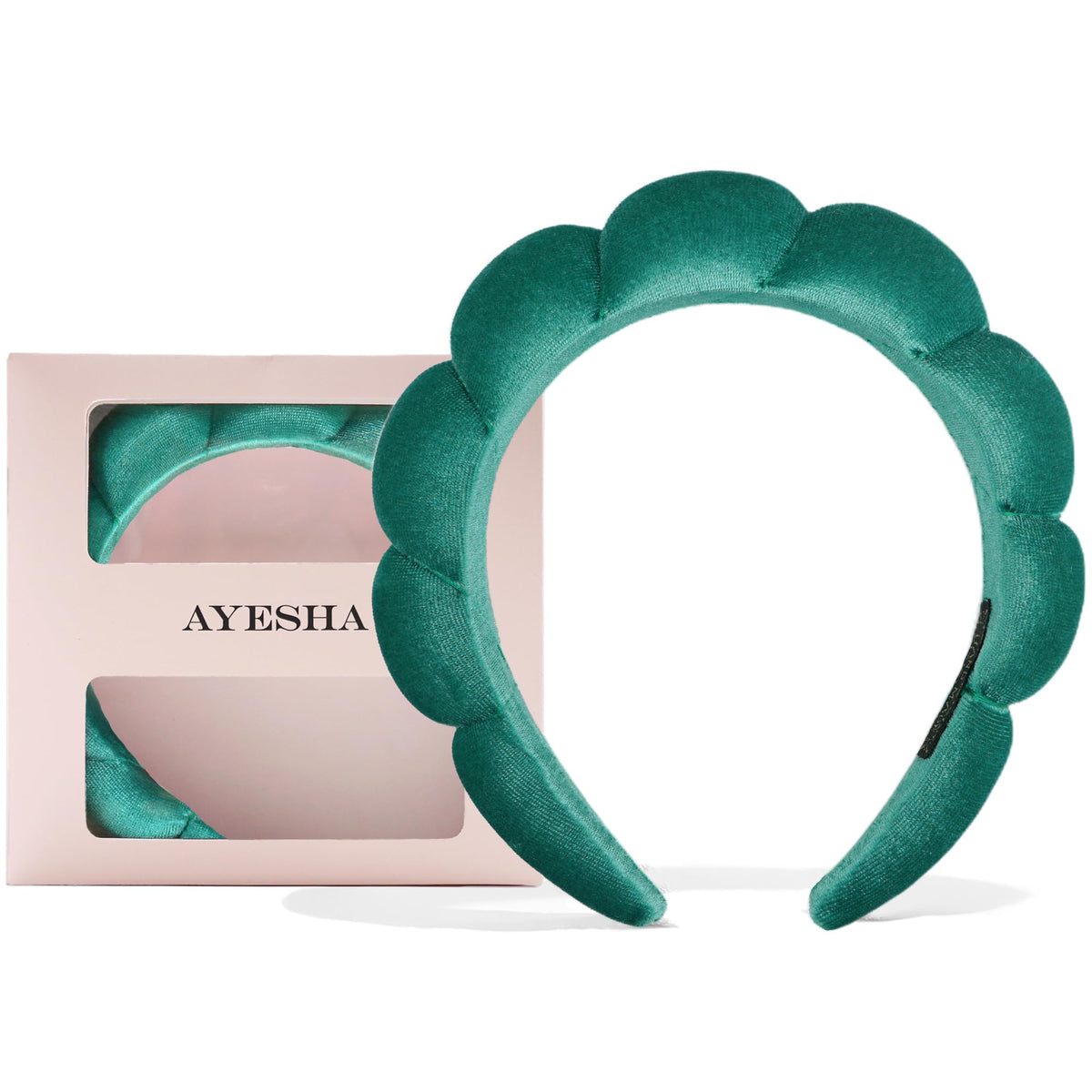 Ayesha headband front view showing green velvet and snug fit benefit
