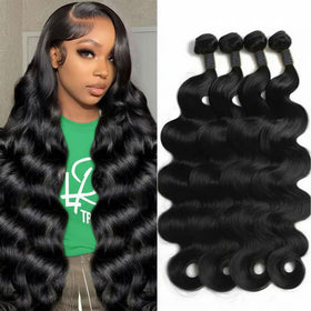 Ayolvou front view of four body wave bundles showing length and fullness, boost styling options