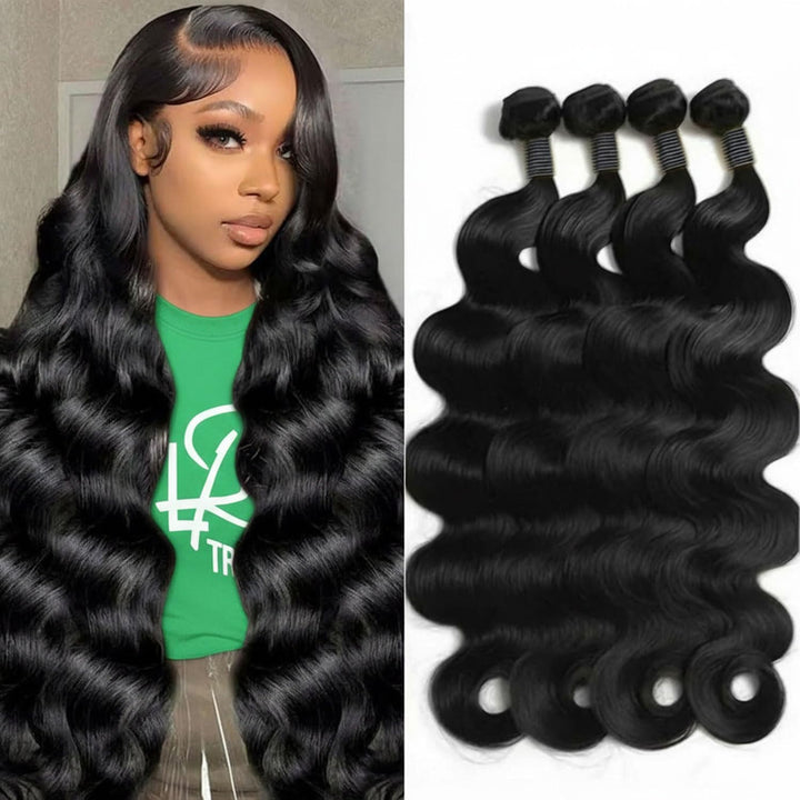 Ayolvou front view of four body wave bundles showing length and fullness, boost styling options