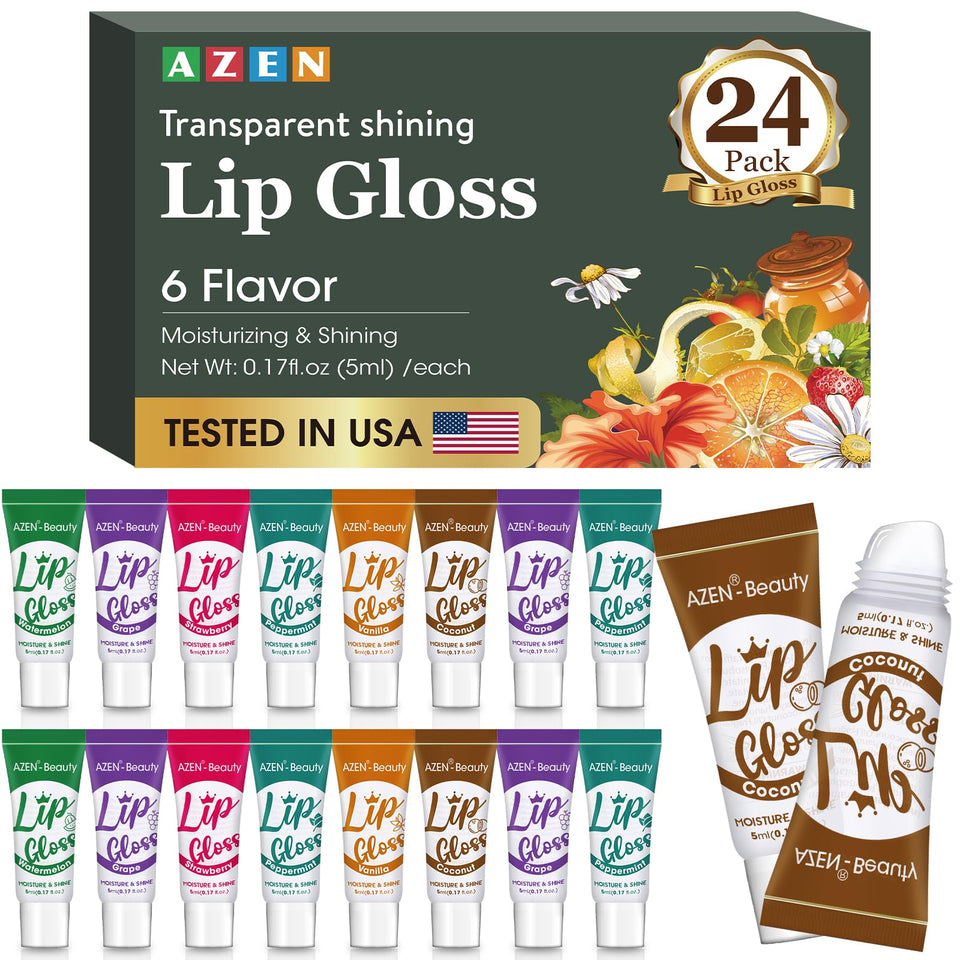 AZEN clear lip gloss front packaging showing full set benefit gloss