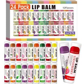 AZEN front view of 24-pack bulk lip balm set showing variety and value