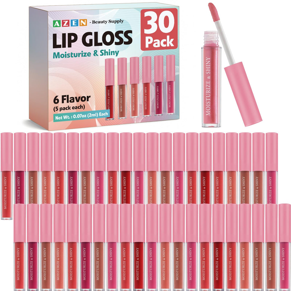 AZEN front packaging of 30 pack lip gloss showing full set and variety