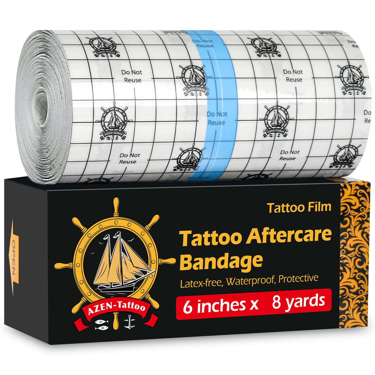 AZEN front packaging showing roll and brand, provides reliable tattoo protection