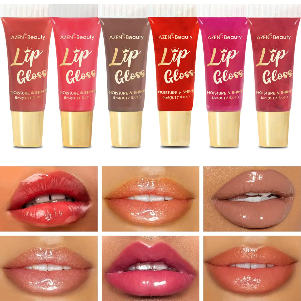 AZEN lip gloss applied on model demonstrating glossy, hydrated lips