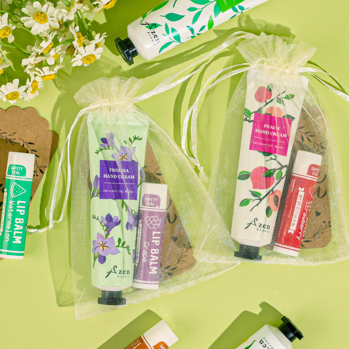 AZEN thank-you tags and cards laid out for quick personalization and guest notes