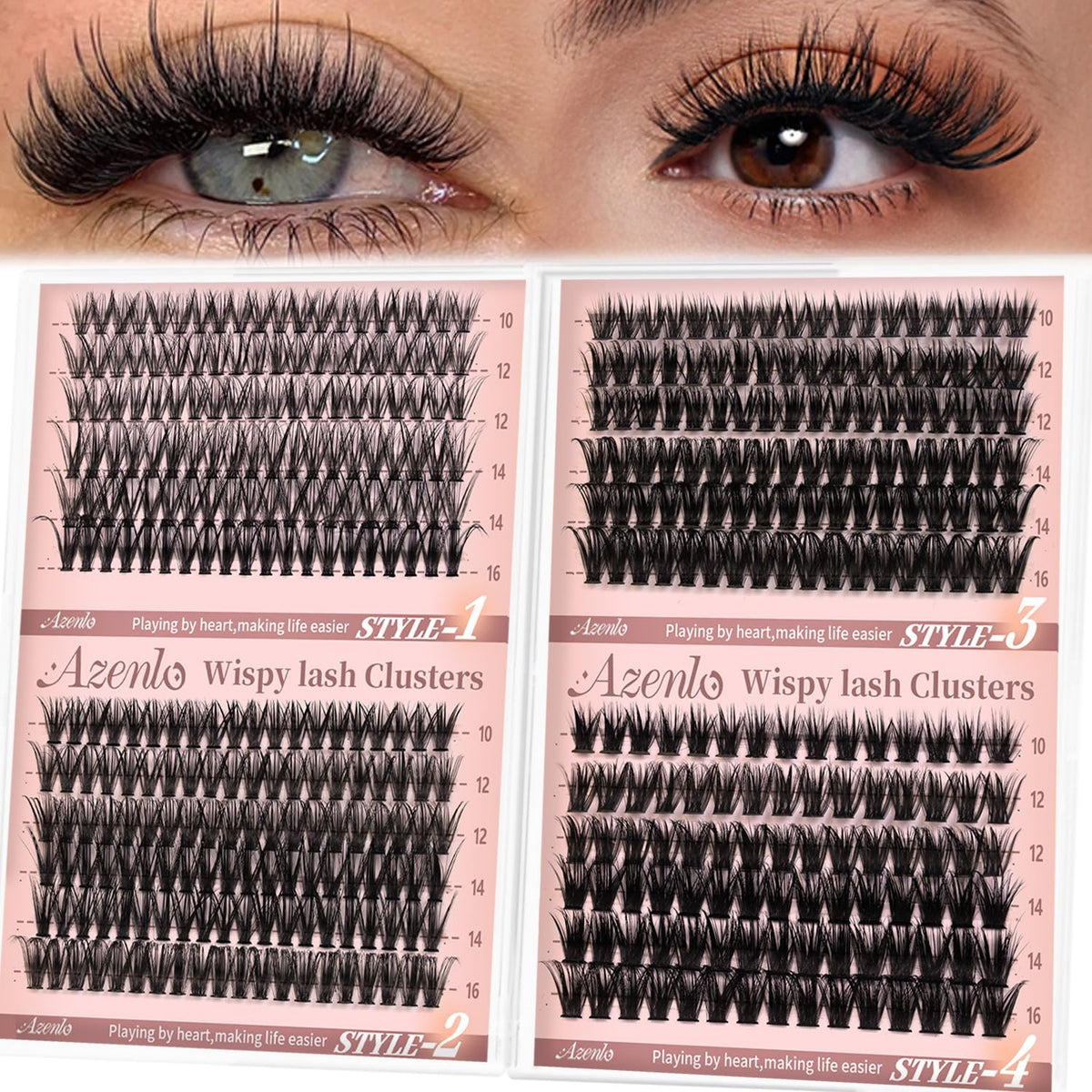 Azenlo front packaging showing four wispy cluster styles and quantity benefits