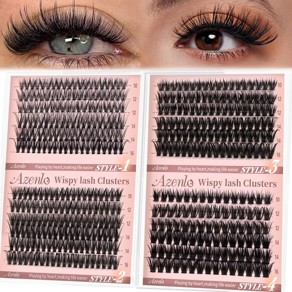 Azenlo front packaging showing four wispy cluster styles and quantity benefits
