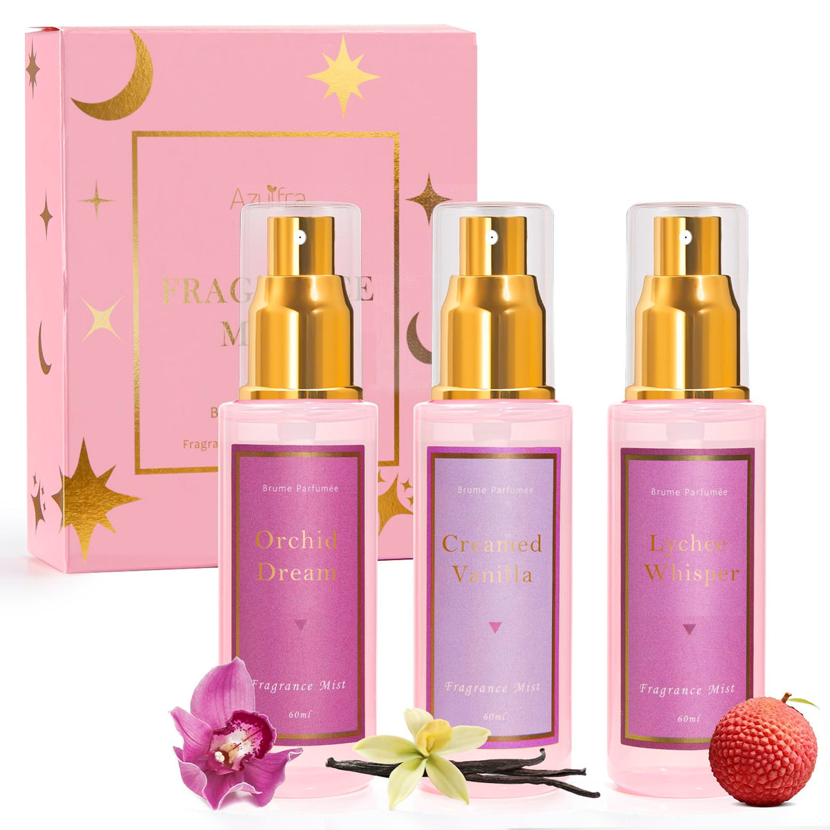 Azulfra three-bottle front packaging showing vanilla orchid lychee scent and travel convenience