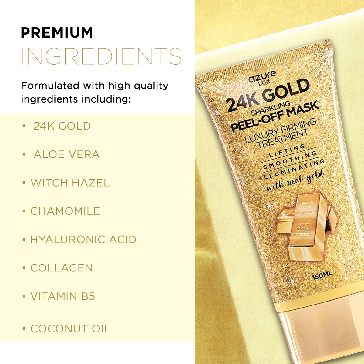 Azure Cosmetics close-up of gold mask texture highlighting shimmer and smoothness