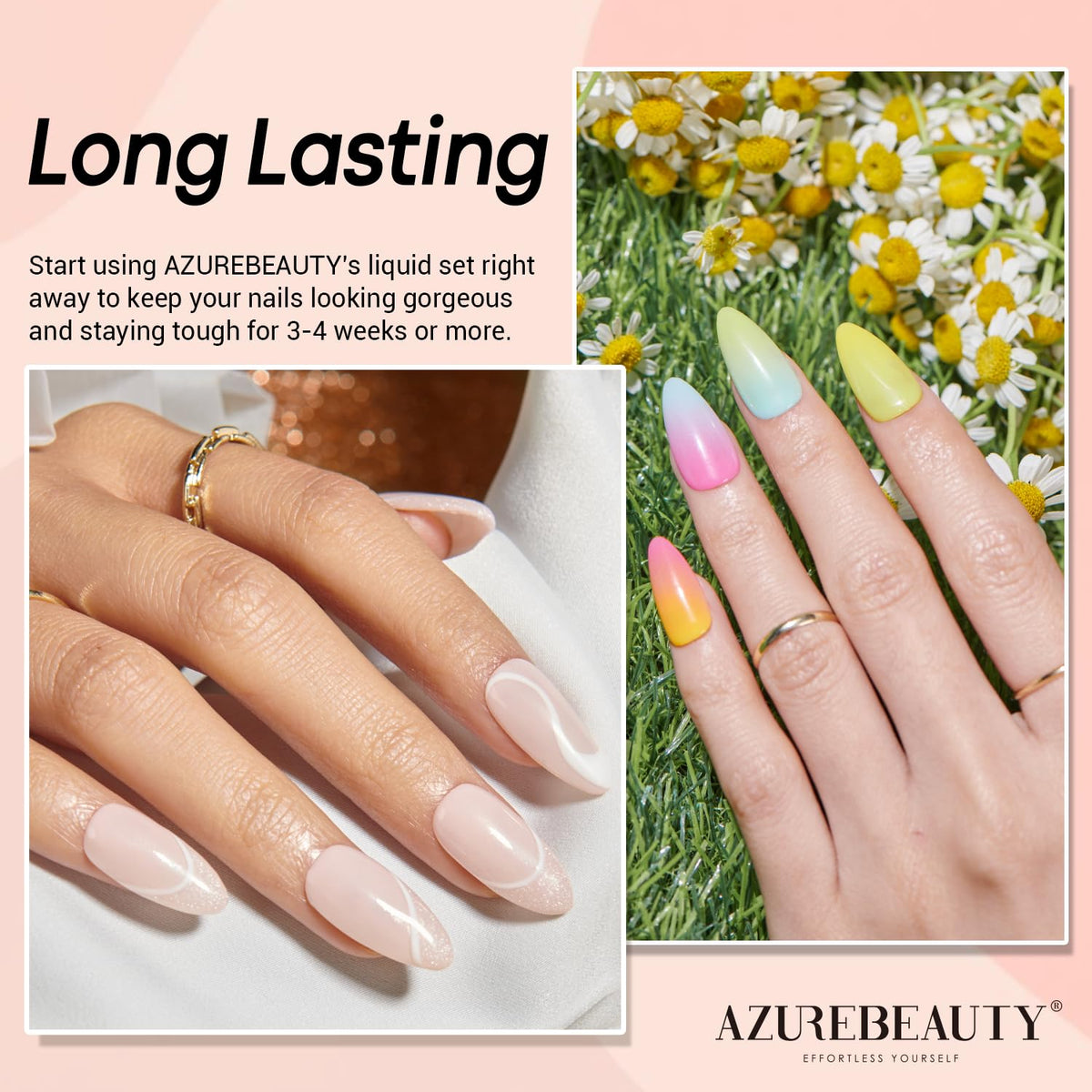AZUREBEAUTY hand dipping nail into powder showing step-by-step application benefit