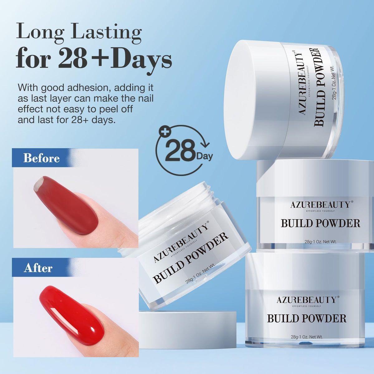 AZUREBEAUTY powder being applied on nails demonstrating durable wear
